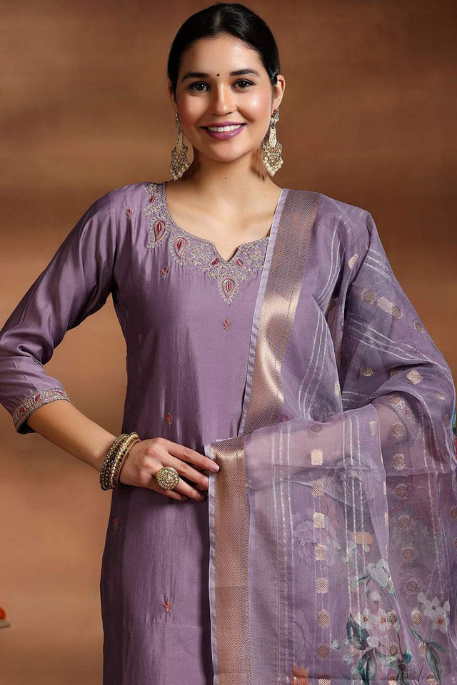 Violet Solid Viscose Straight Cut Suit Set