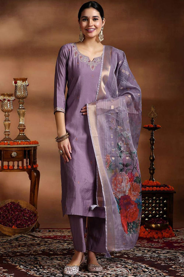 Violet Solid Viscose Straight Cut Suit Set