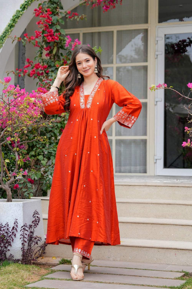 Orange Mirror Sequin Chanderi Anarkali Suit Set (ACZ7719)