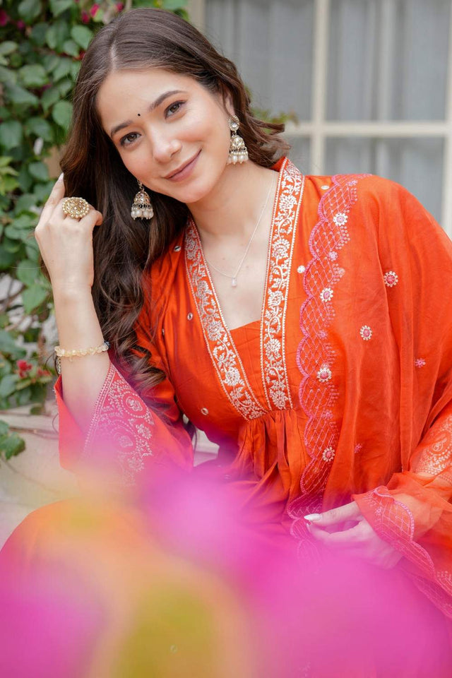 Orange Mirror Sequin Chanderi Anarkali Suit Set (ACZ7719)
