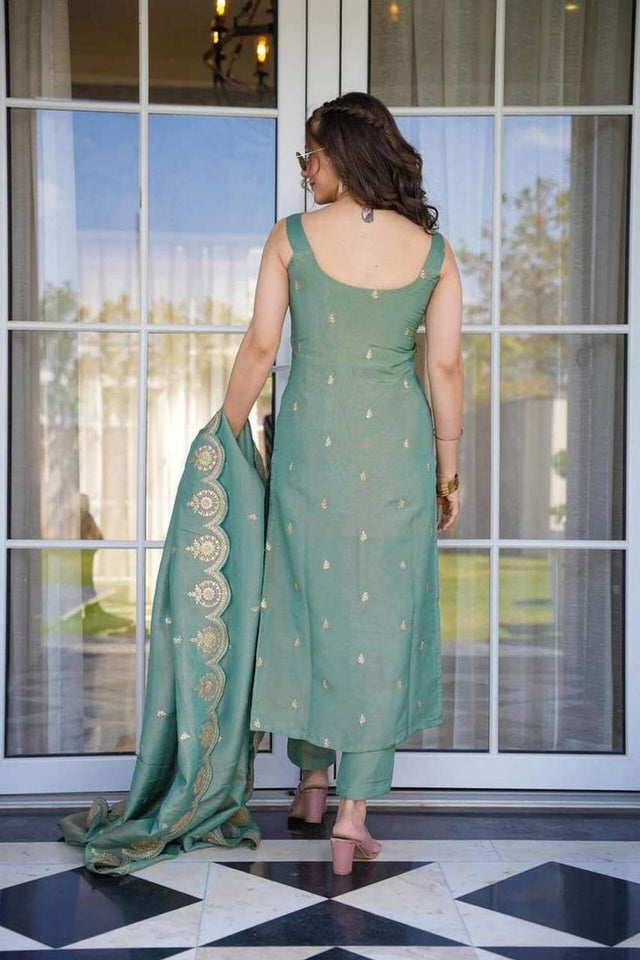 Green Embroidered Chanderi Straight Cut Suit Set