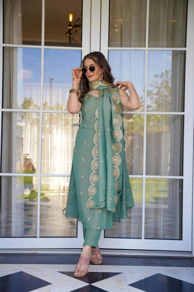 Green Embroidered Chanderi Straight Cut Suit Set