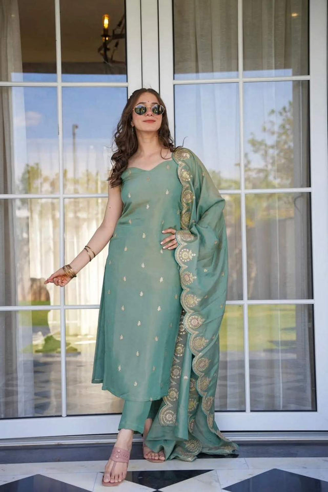 Green Embroidered Chanderi Straight Cut Suit Set
