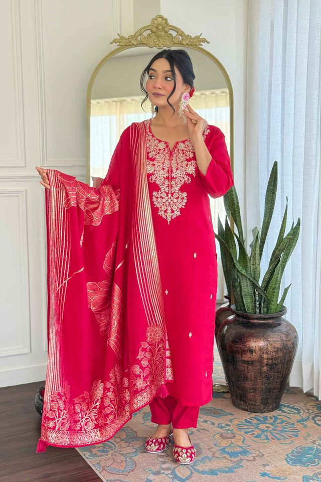 Pink Embroidered Silk Straight Cut Suit Set