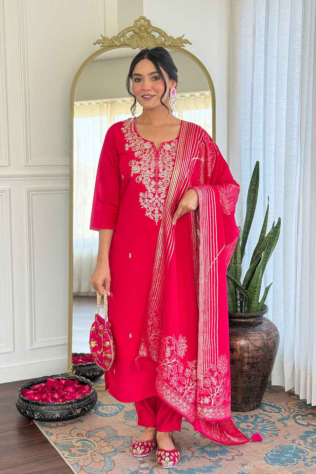 Pink Embroidered Silk Straight Cut Suit Set