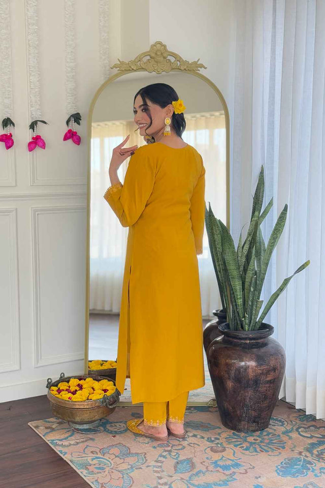Mustard Solid Chanderi Straight Cut Suit Set