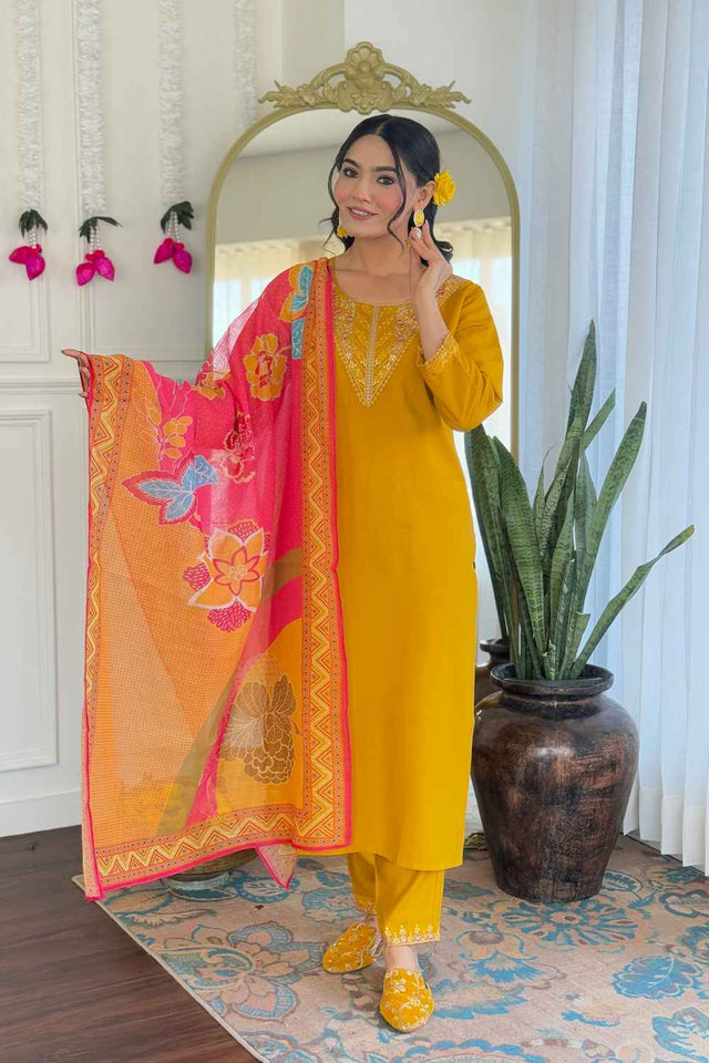 Mustard Solid Chanderi Straight Cut Suit Set