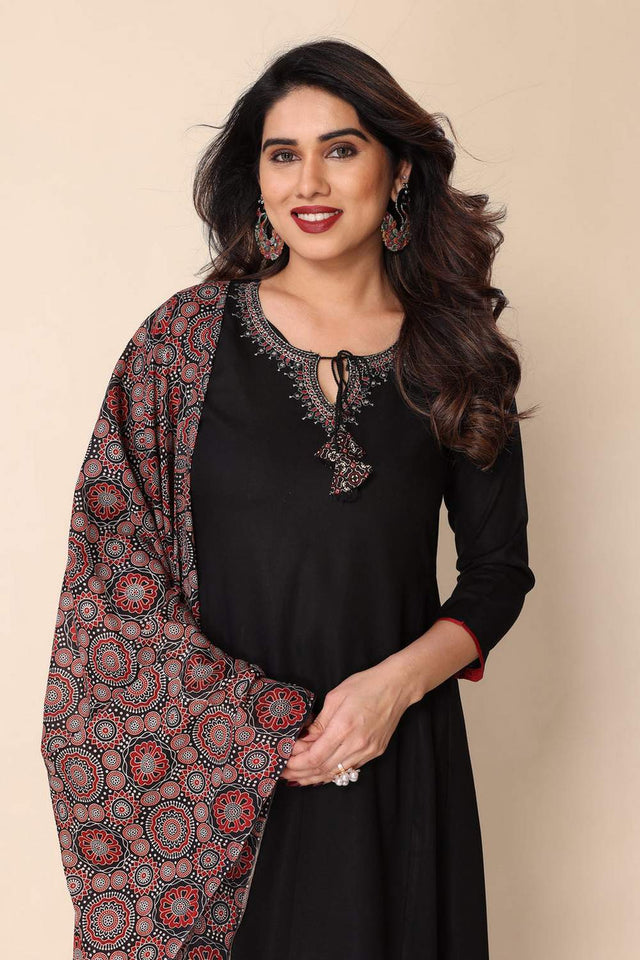 Black Solid Viscose Straight Cut Suit Set