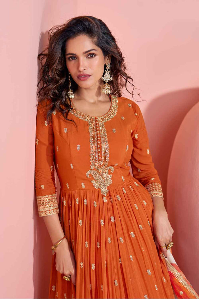 Orange Sequin with Zari Work Chinon Gown