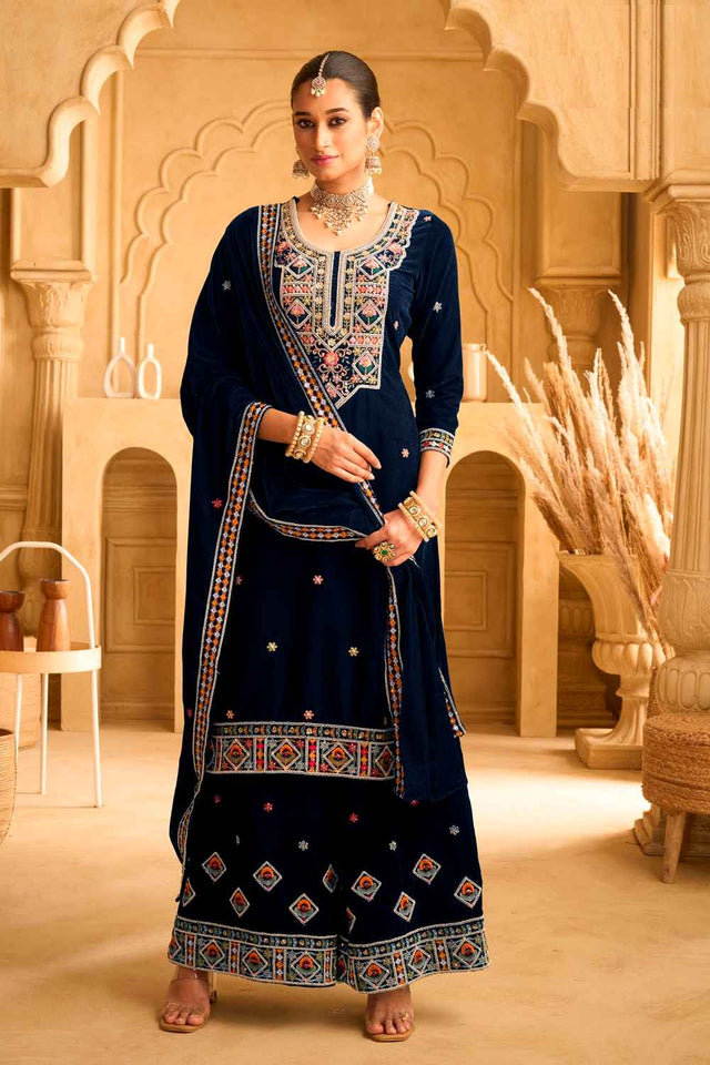 Blue Embroidered Velvet Palazzo Suit Set