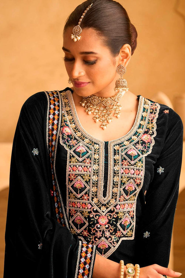Black Embroidered Velvet Palazzo Suit Set