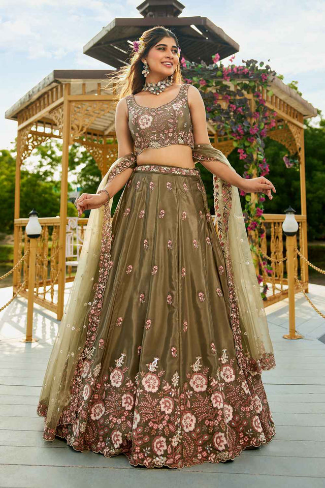 Olive Green Sequin with Zari Work Satin Lehenga (ACZ7779)
