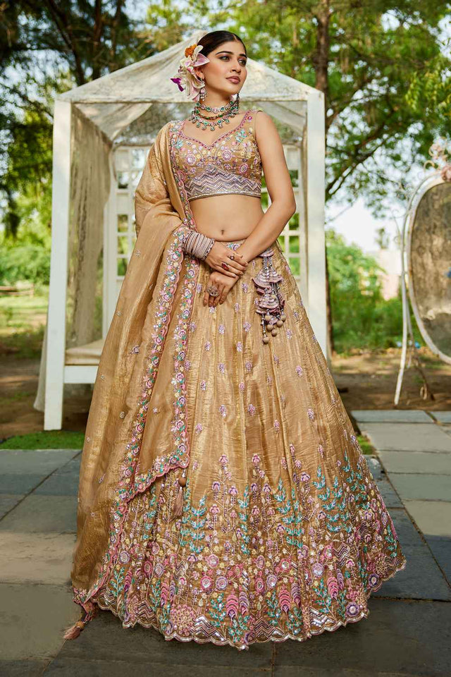 Beige Sequin with Zari Work Tissue Lehenga (ACZ7785)