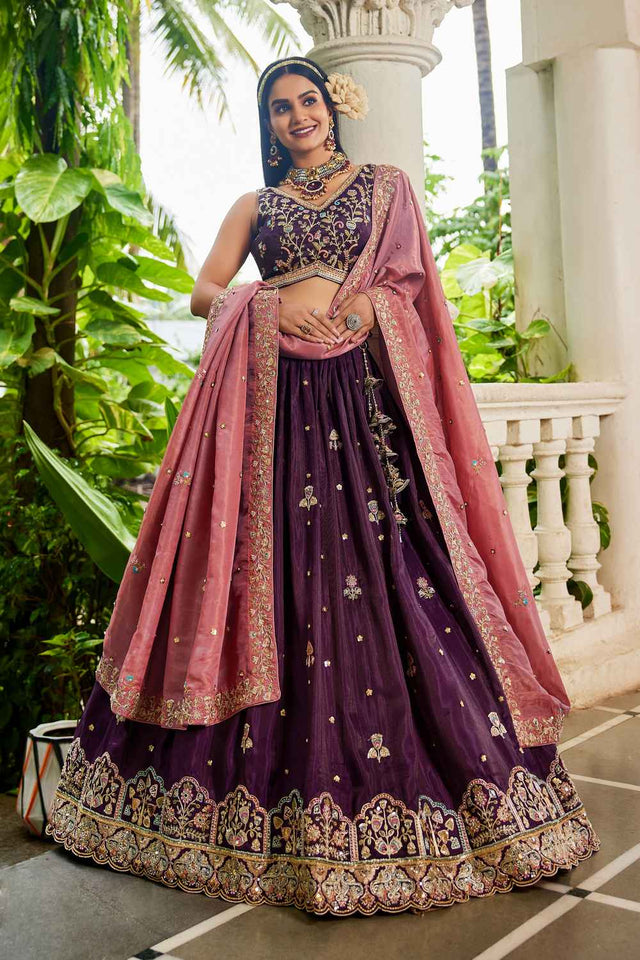 Maroon Sequin with Zari Work Tissue Lehenga (ACZ7789)