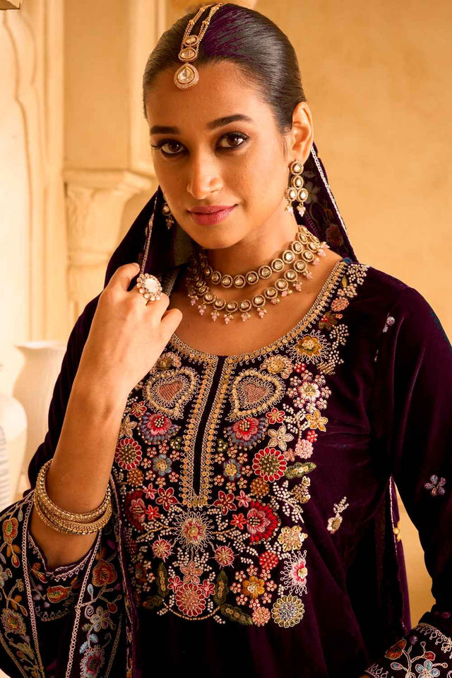 Purple Embroidered Velvet Palazzo Suit Set