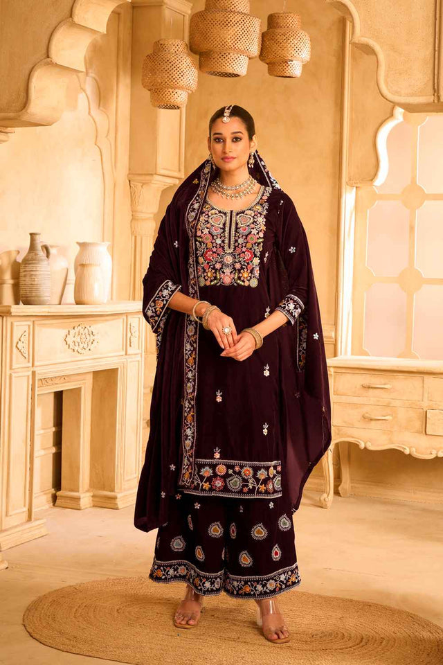 Wine Embroidered Velvet Palazzo Suit Set
