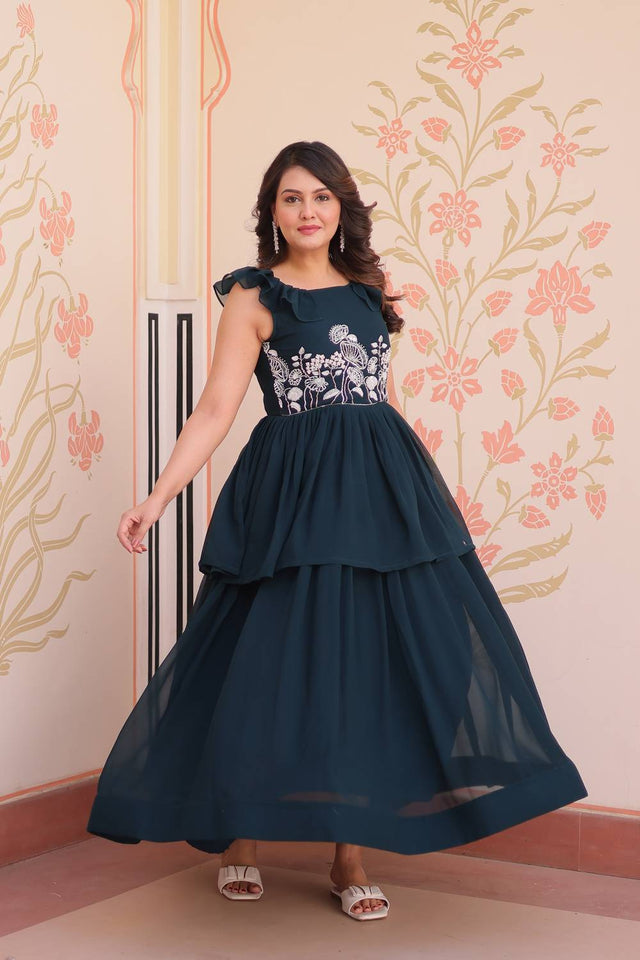 Blue Beads Embellished Faux Georgette Gown (ACZ7974)