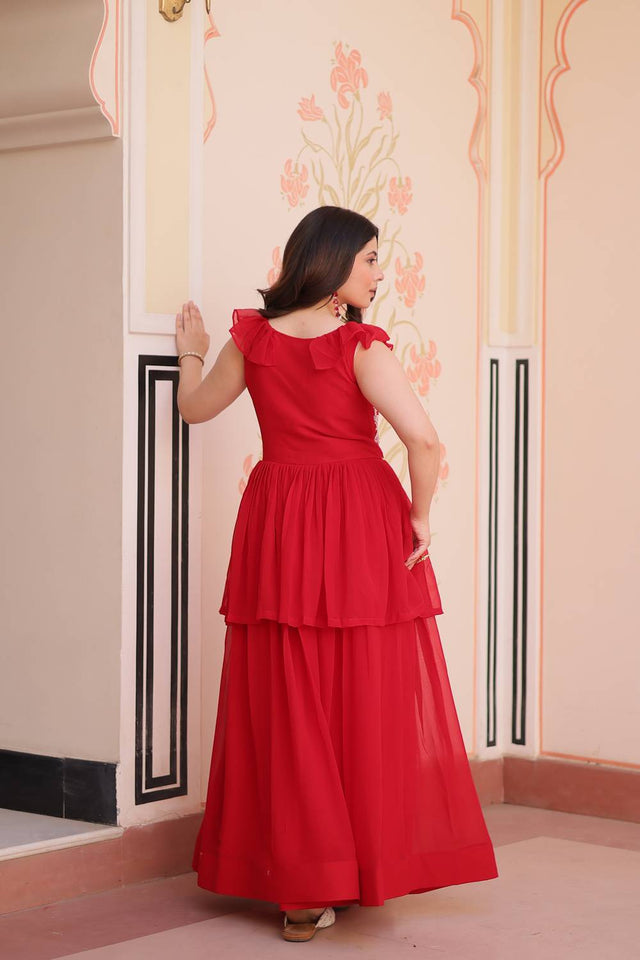 Red Beads Embellished Faux Georgette Gown (ACZ7975)
