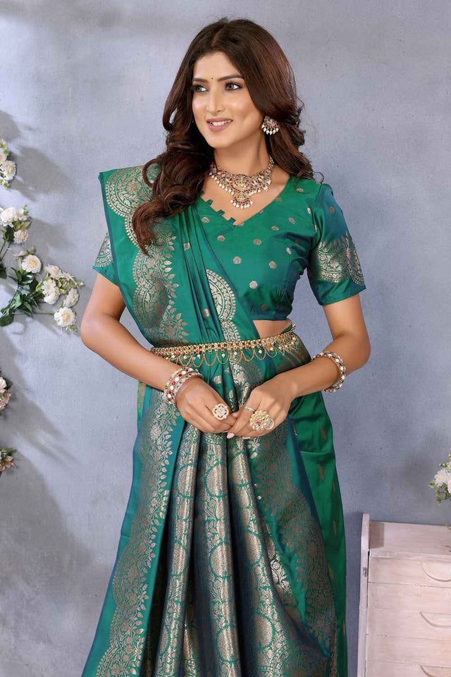 Turquoise Woven Banarasi Silk Saree