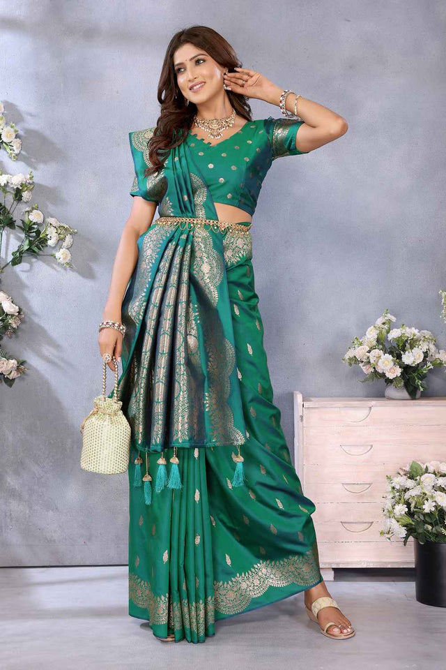 Turquoise Woven Banarasi Silk Saree