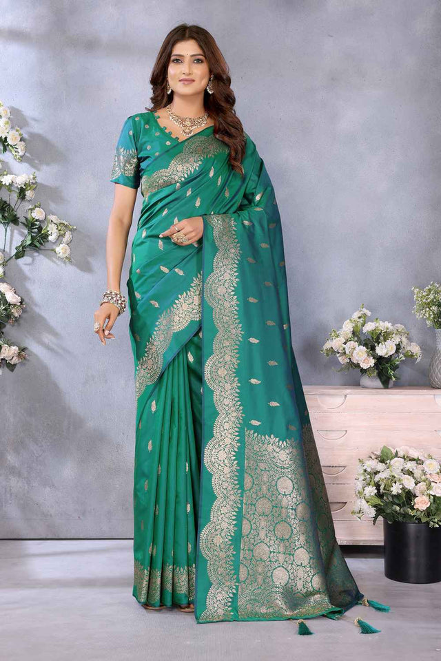 Turquoise Woven Banarasi Silk Saree