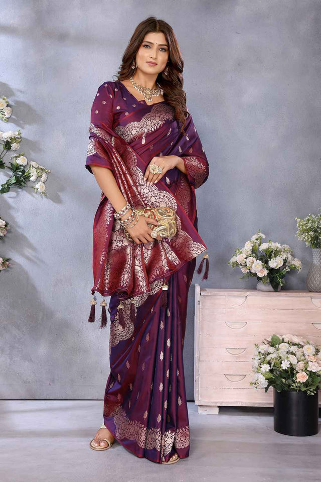 Wine Woven Banarasi Silk Saree
