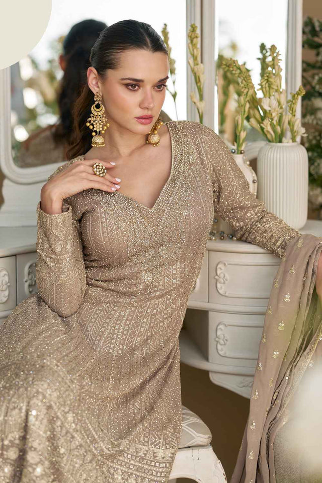 Beige Embellished Georgette Sharara Suit Set