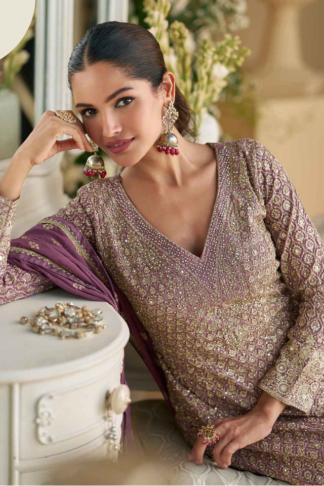 Violet Embellished Georgette Sharara Suit Set