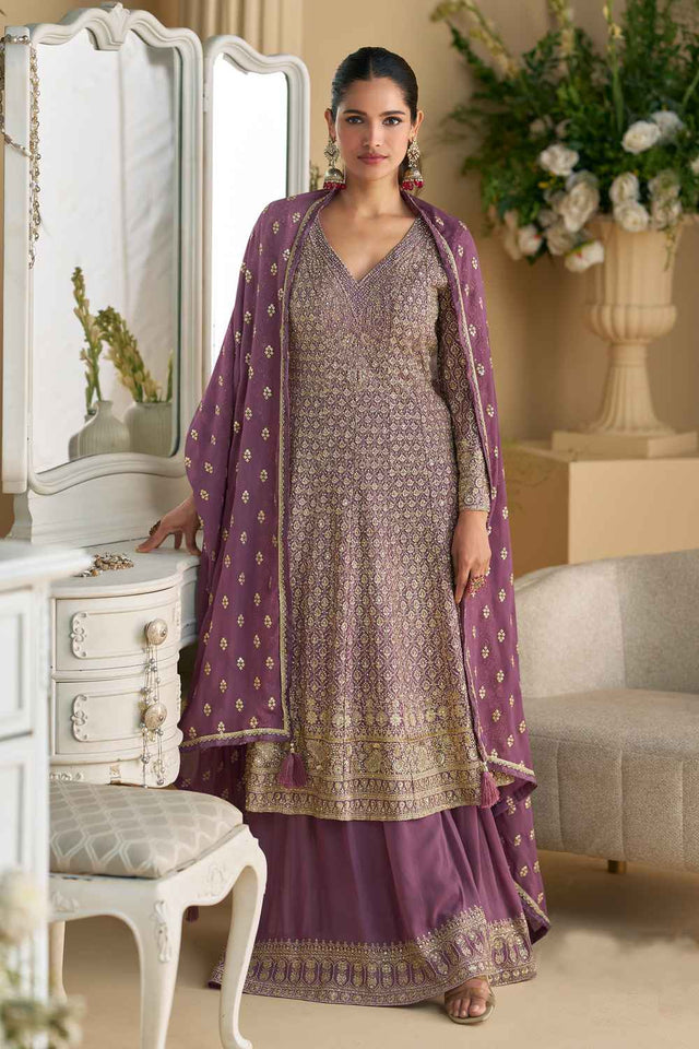 Violet Embellished Georgette Sharara Suit Set