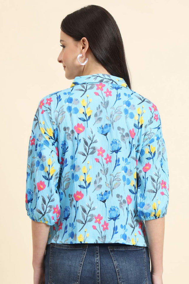 Blue Printed Cotton Blend Tops & Tunics (ACZ8110)