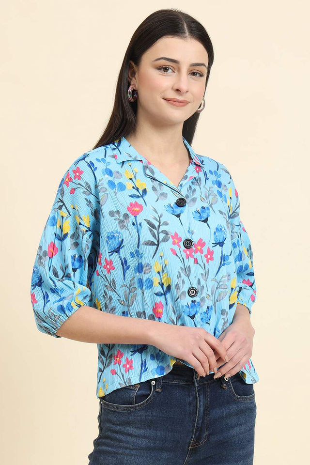 Blue Printed Cotton Blend Tops & Tunics (ACZ8110)