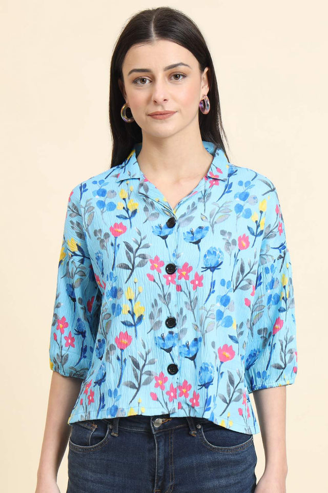 Blue Printed Cotton Blend Tops & Tunics (ACZ8110)