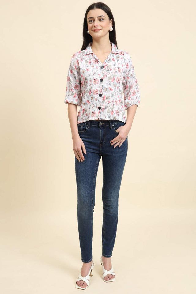White Printed Cotton Blend Tops & Tunics (ACZ8112)