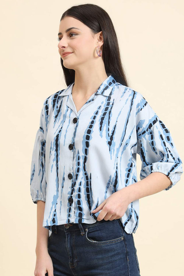 Blue Printed Cotton Blend Tops & Tunics (ACZ8113)