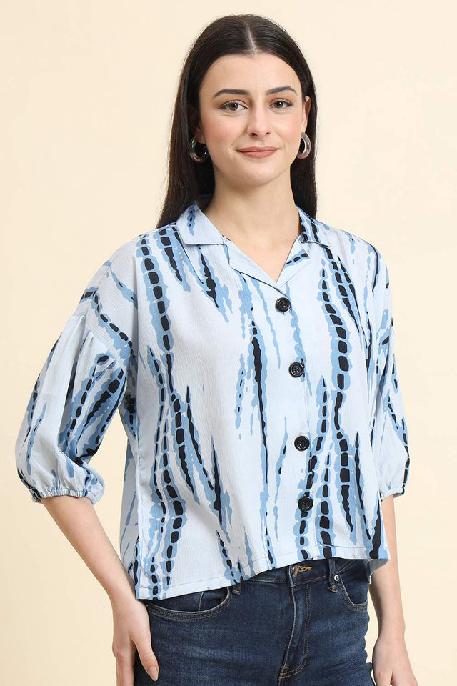 Blue Printed Cotton Blend Tops & Tunics (ACZ8113)