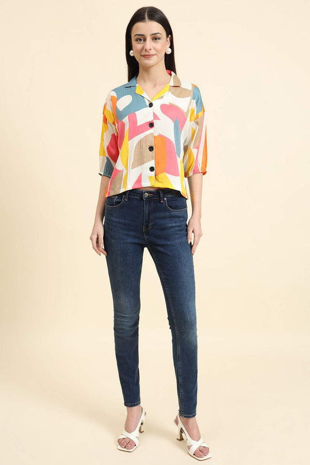 White Printed Cotton Blend Tops & Tunics (ACZ8114)