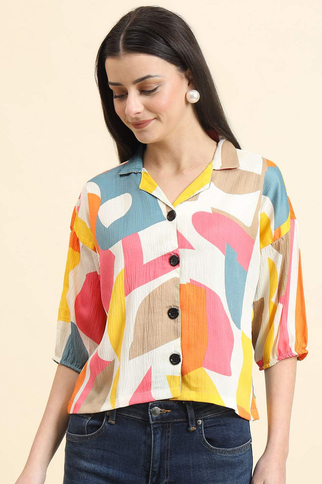 White Printed Cotton Blend Tops & Tunics (ACZ8114)