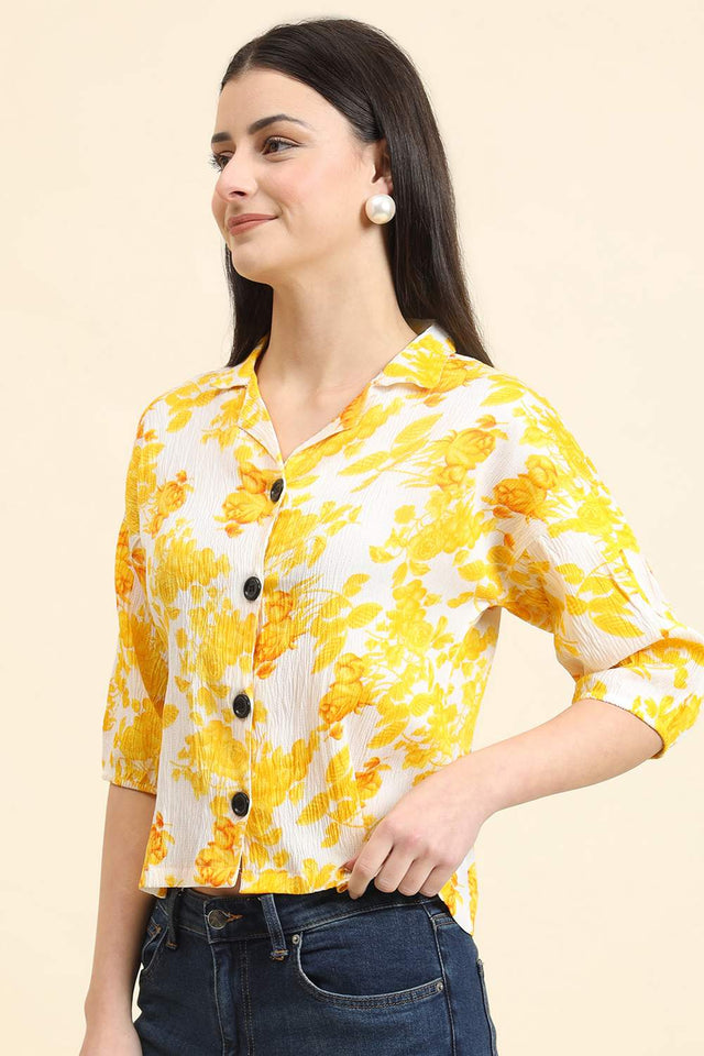Yellow Printed Cotton Blend Tops & Tunics (ACZ8115)