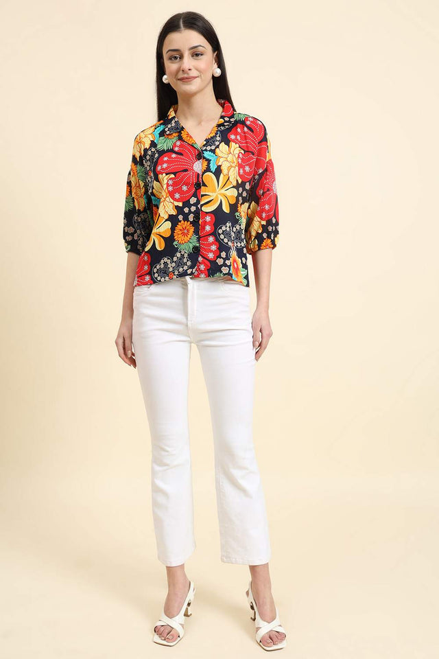 Blue Printed Cotton Blend Tops & Tunics (ACZ8116)