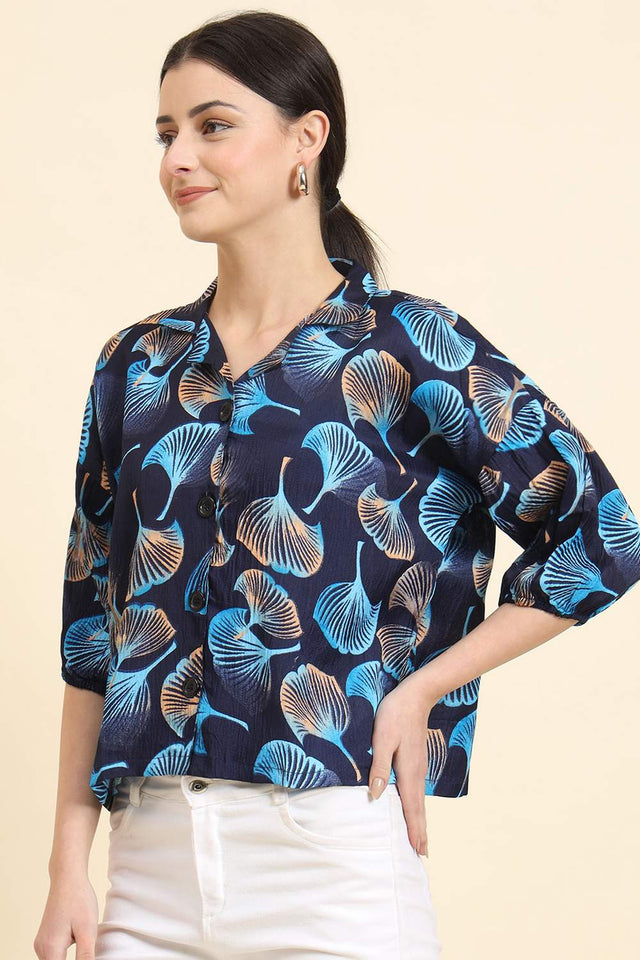 Blue Printed Cotton Blend Tops & Tunics (ACZ8118)
