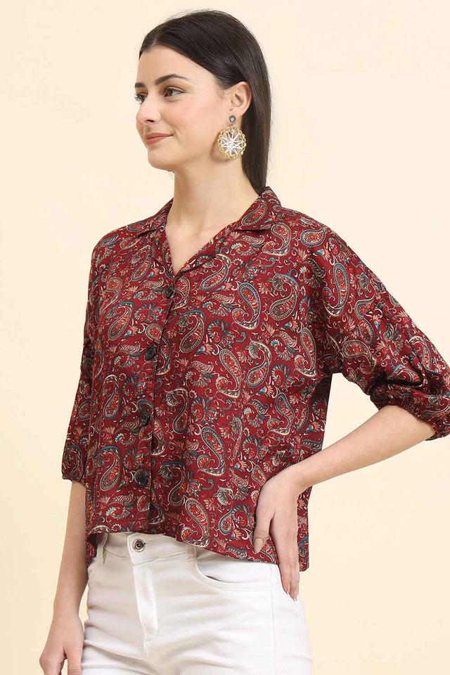 Maroon Printed Cotton Blend Tops & Tunics (ACZ8119)