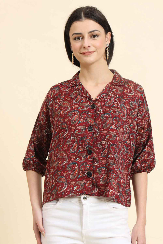Maroon Printed Cotton Blend Tops & Tunics (ACZ8119)