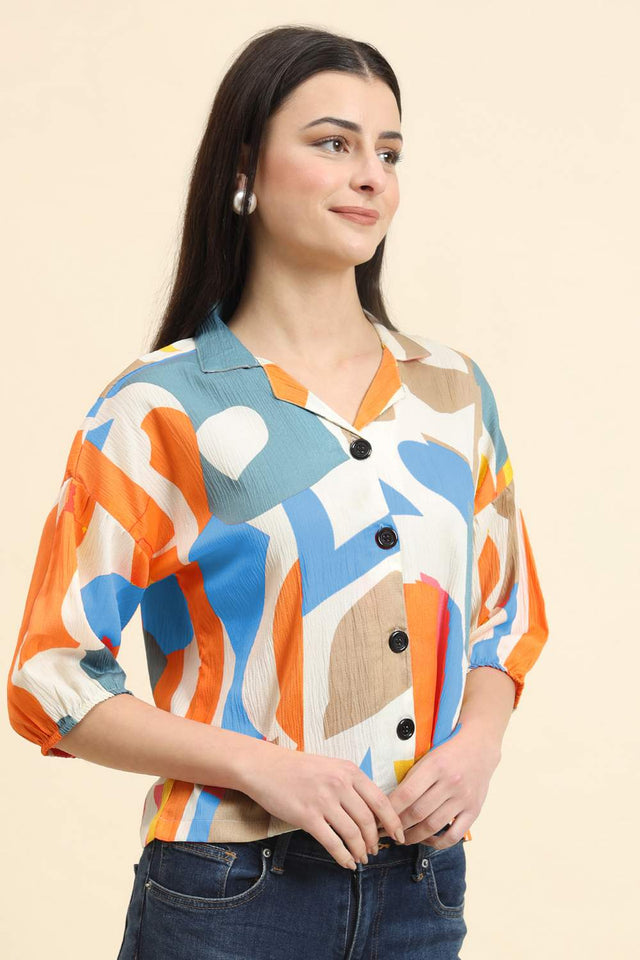 White Printed Cotton Blend Tops & Tunics (ACZ8120)