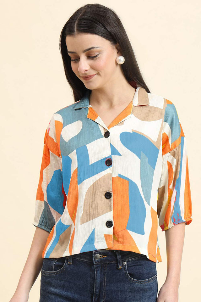White Printed Cotton Blend Tops & Tunics (ACZ8120)