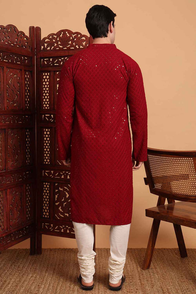 Maroon Chikankari Rayon Men's Kurta Sets