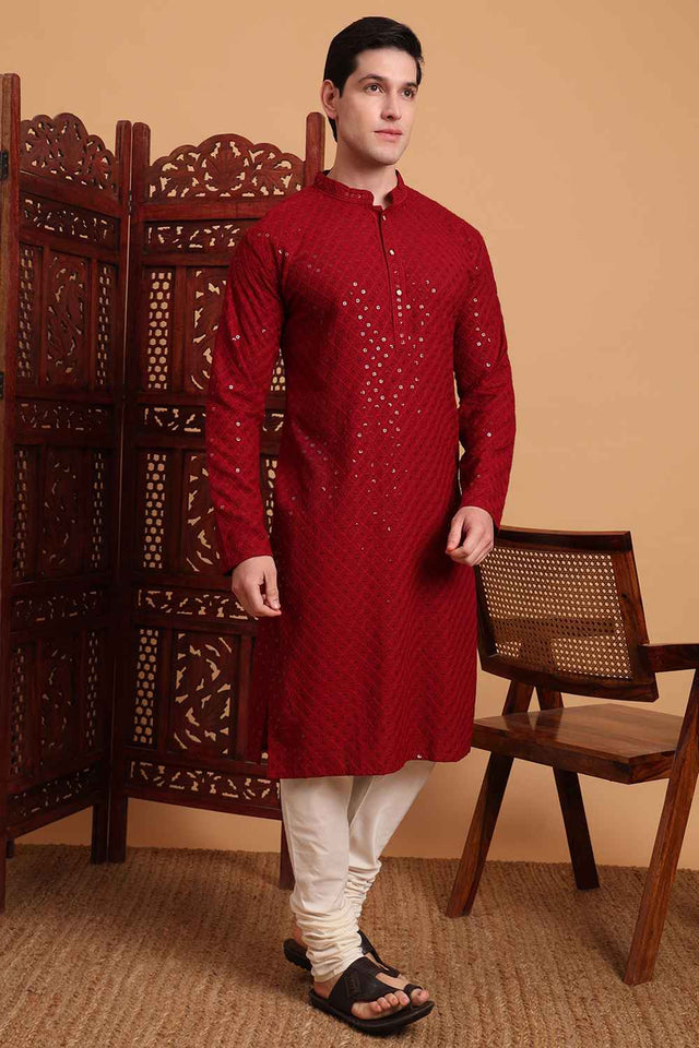 Maroon Chikankari Rayon Men's Kurta Sets