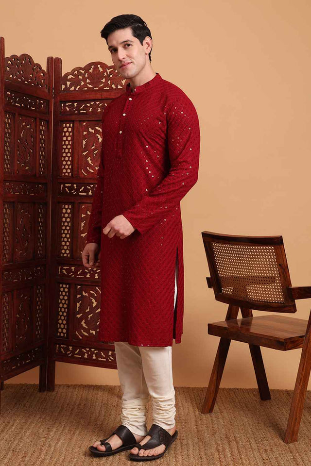 Maroon Chikankari Rayon Men's Kurta Sets