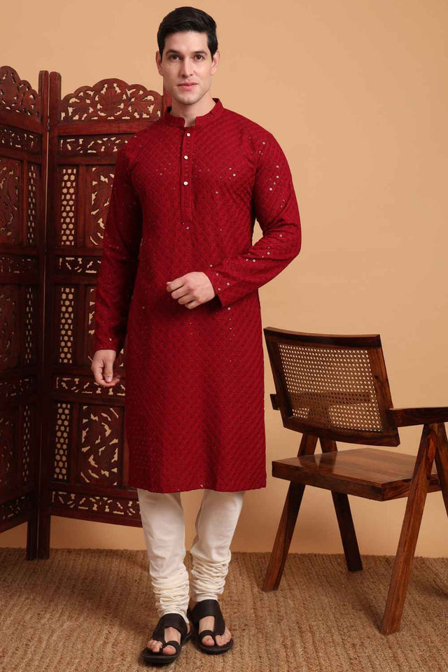 Maroon Chikankari Rayon Men's Kurta Sets