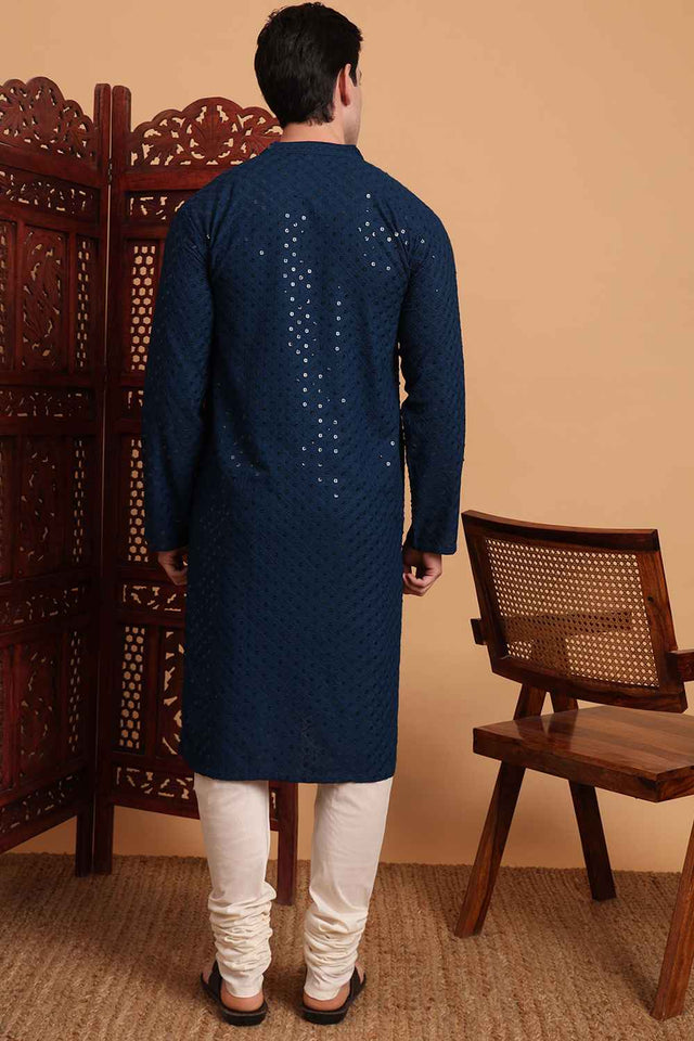 Blue Chikankari Rayon Men's Kurta Sets