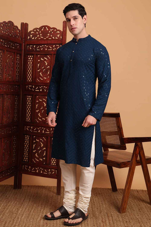 Blue Chikankari Rayon Men's Kurta Sets